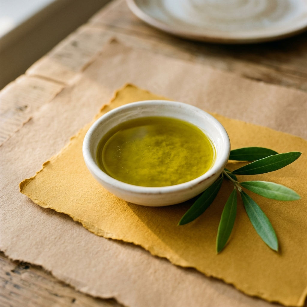 Beyaz kasede naturel sızma zeytinyağı ve zeytin yaprağı