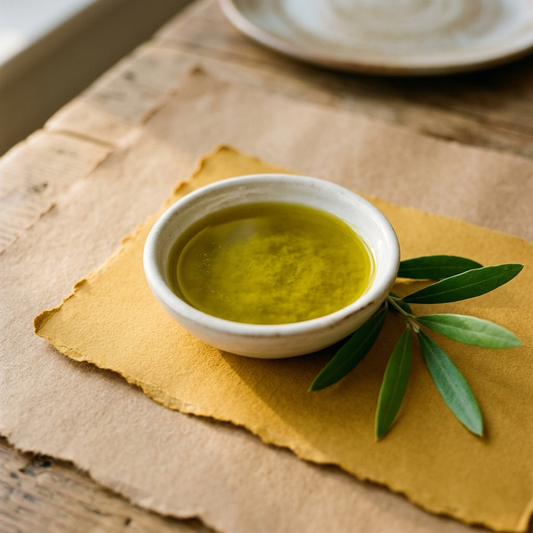 Beyaz kasede naturel sızma zeytinyağı ve zeytin yaprağı